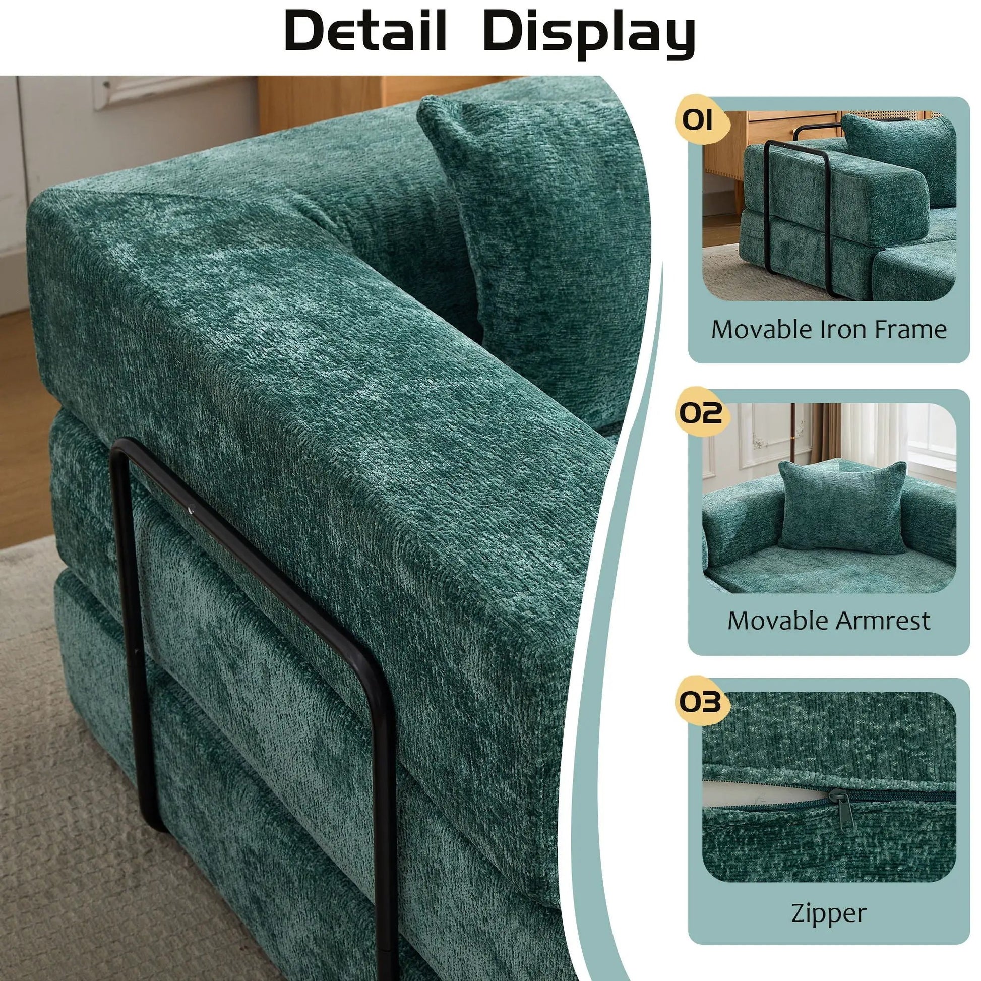 Convertible Floor Sofa Bed in teal velvet with movable iron frame for living room on Tampa Home & Garden Store