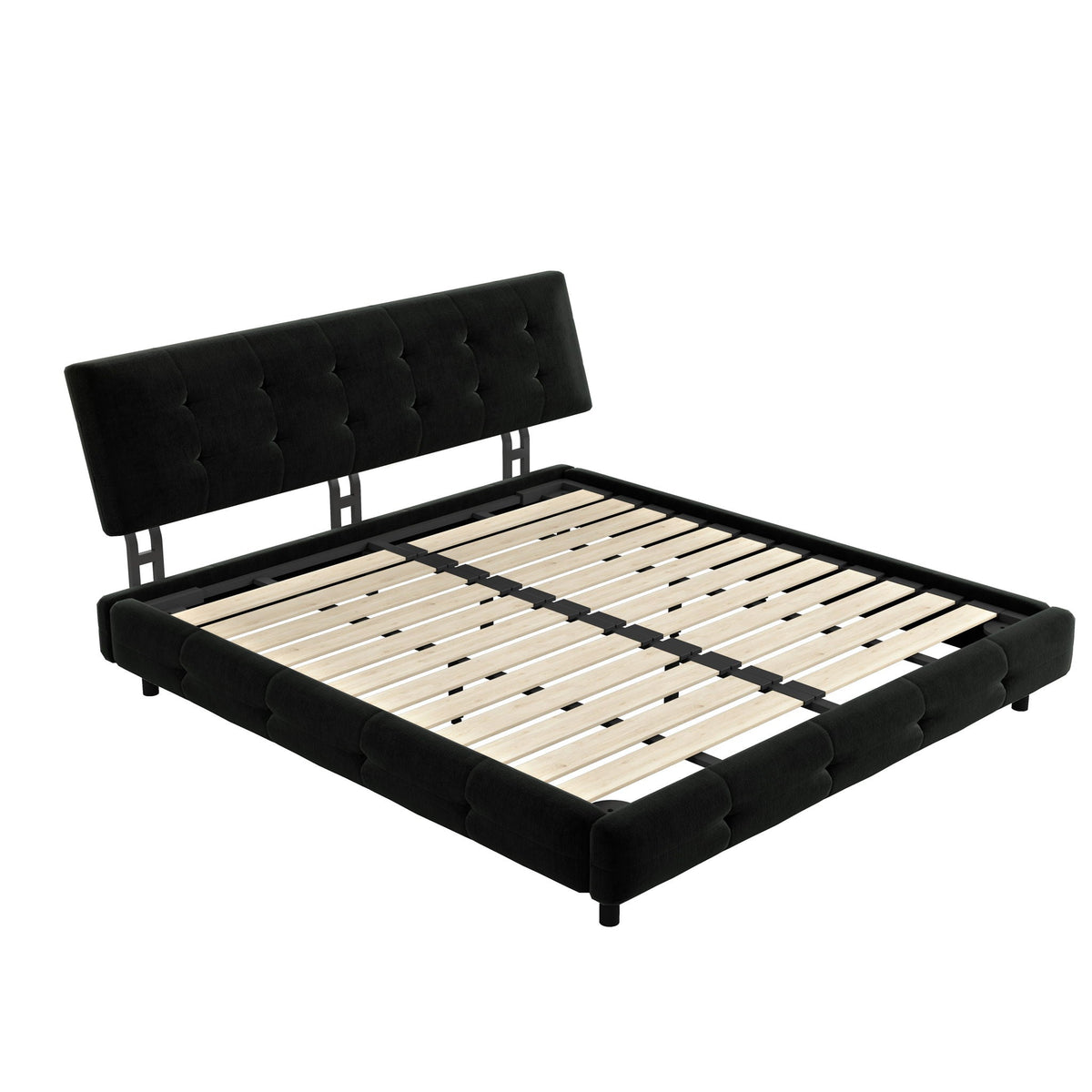 Upholstered bed with tufted black headboard, metal frame and slatted wooden base on Tampa Home & Garden Store