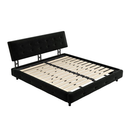Upholstered bed with tufted black headboard, metal frame and slatted wooden base on Tampa Home & Garden Store