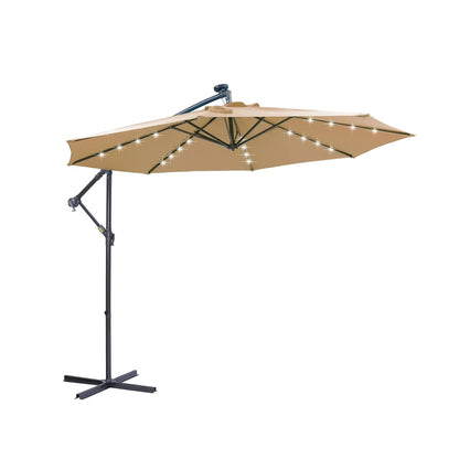 Outdoor cantilever patio umbrella with 32 LED lights, 10 ft hanging design, taupe fabric on Tampa Home & Garden Store