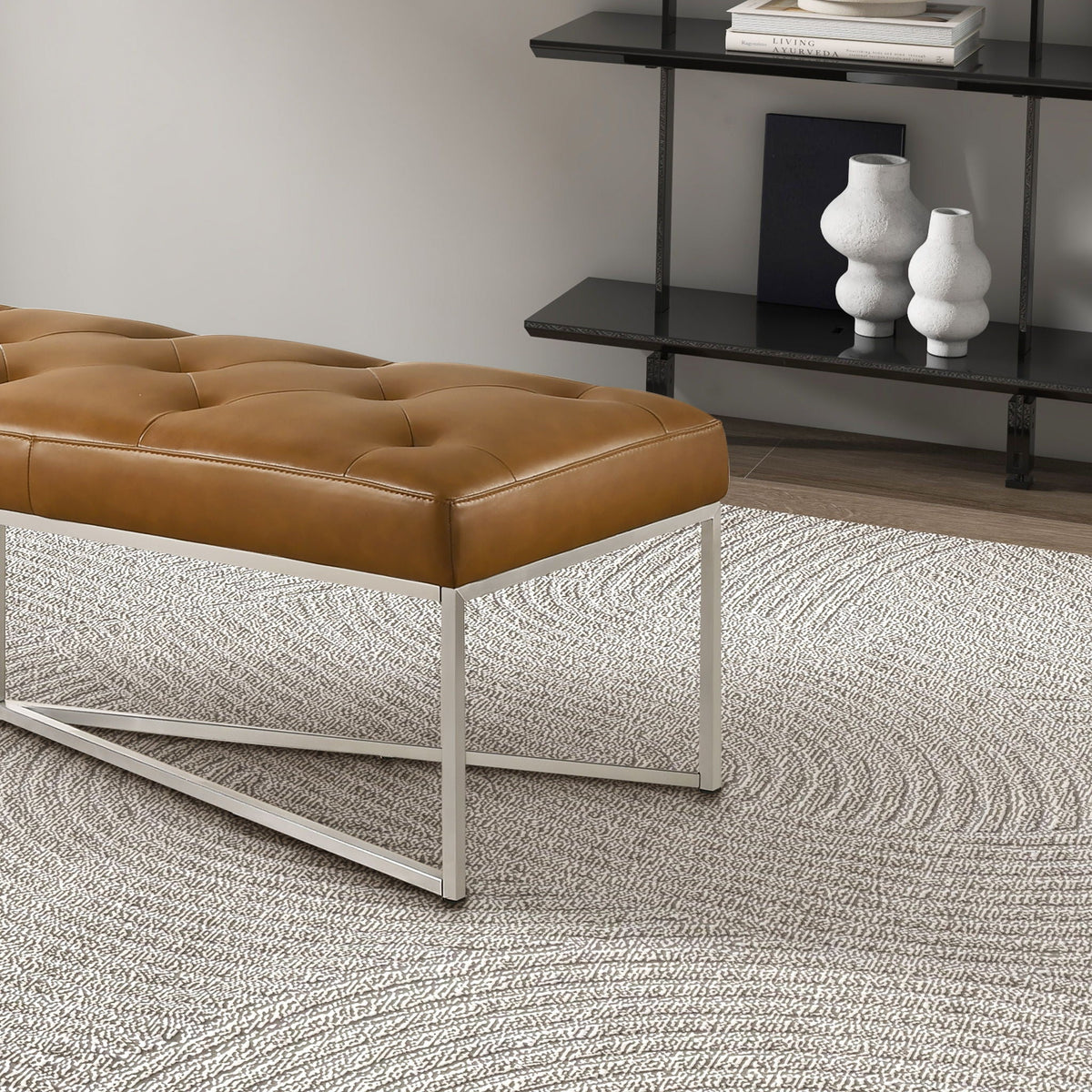 Harper Bench tan tufted upholstered bench with metal legs on Tampa Home & Garden Store