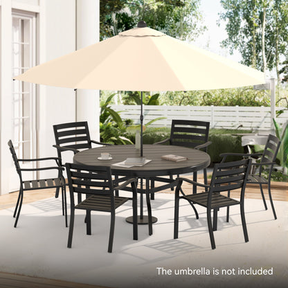 7-Piece Outdoor Patio Dining Set by HouseOfZazla with black metal chairs and beige umbrella on Tampa Home & Garden Store