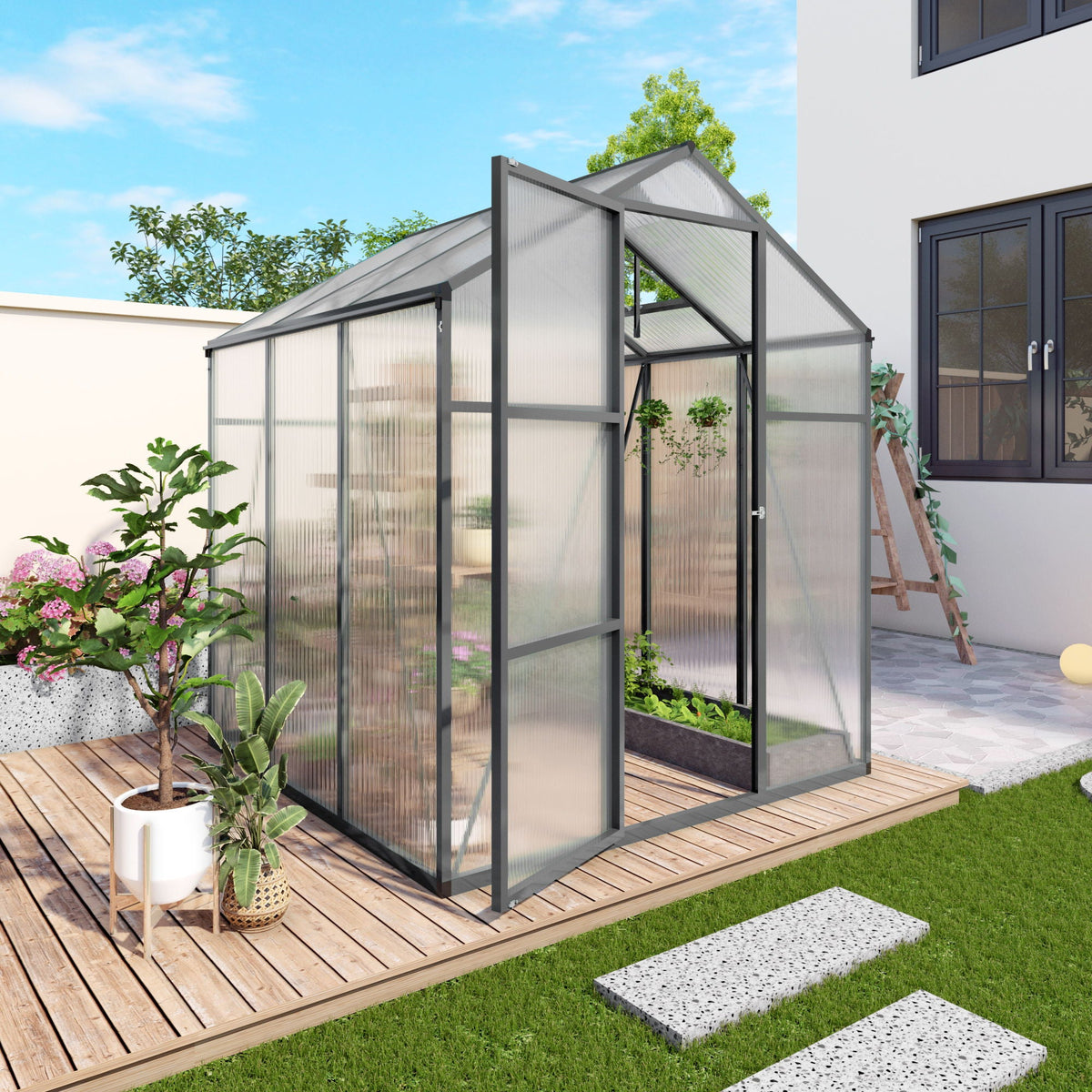 Windproof Greenhouse with raised base, black frame and polycarbonate panels on deck beside home on Tampa Home & Garden Store
