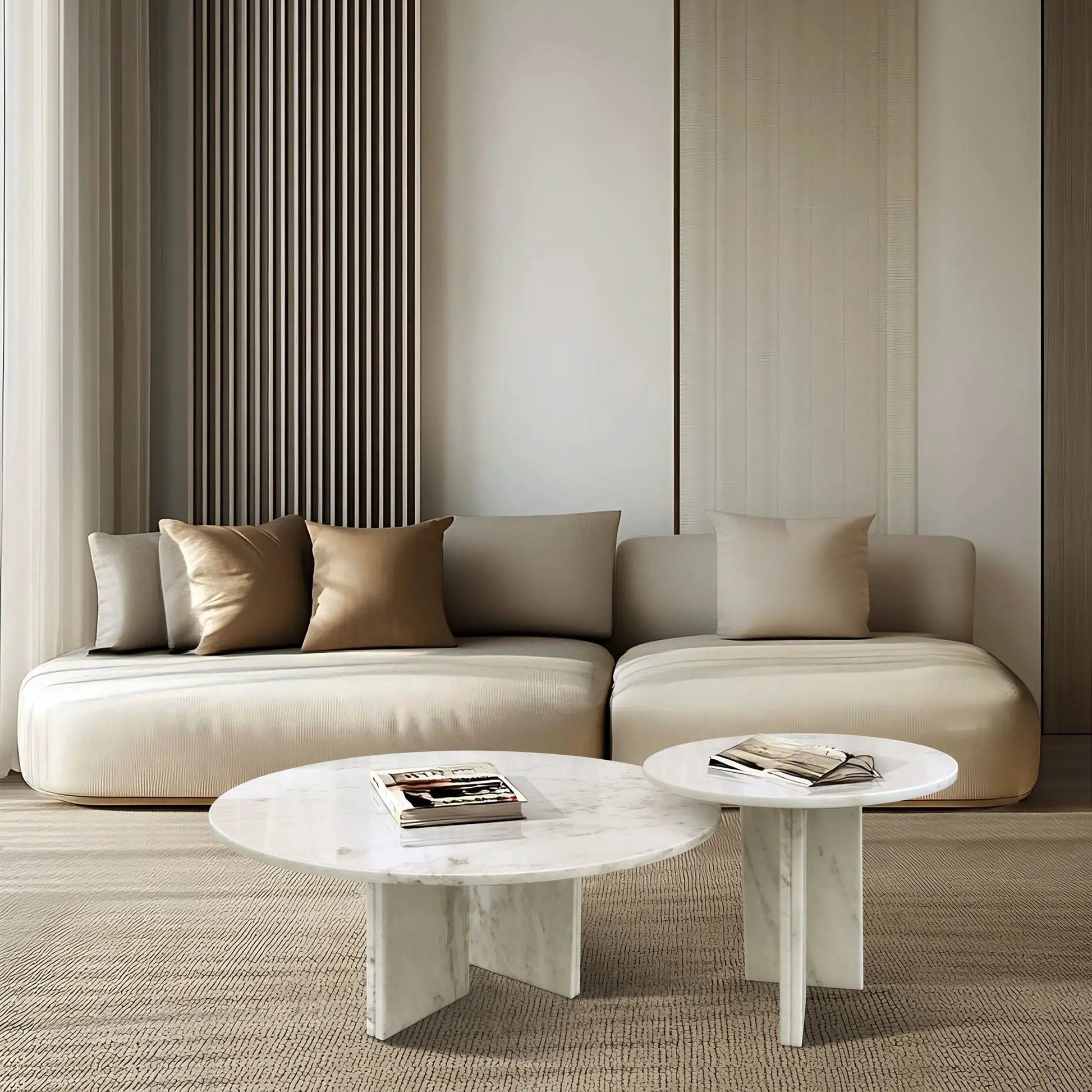 Elegant Coffee Duo Table Set by Unique Piece Furniture: two marble round tables with beige sofa on Tampa Home & Garden Store