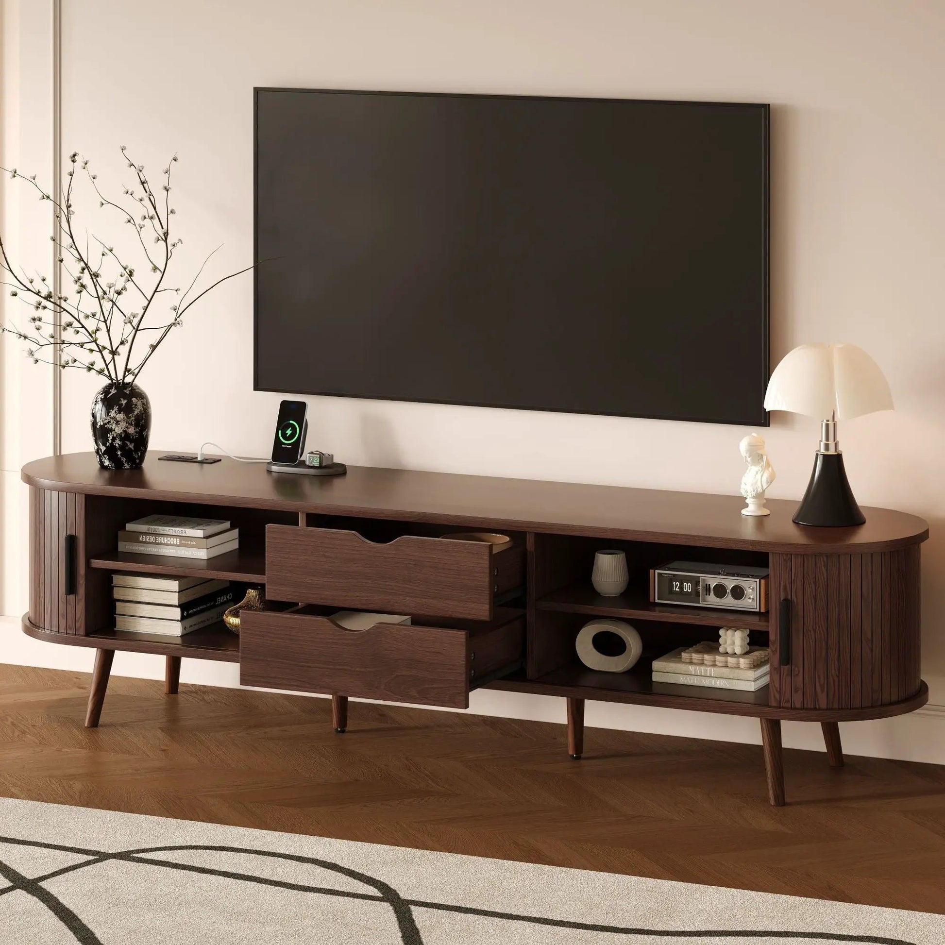 TV stand dark brown with tambour doors and drawers, built-in outlets for a 70-inch TV on Tampa Home & Garden Store