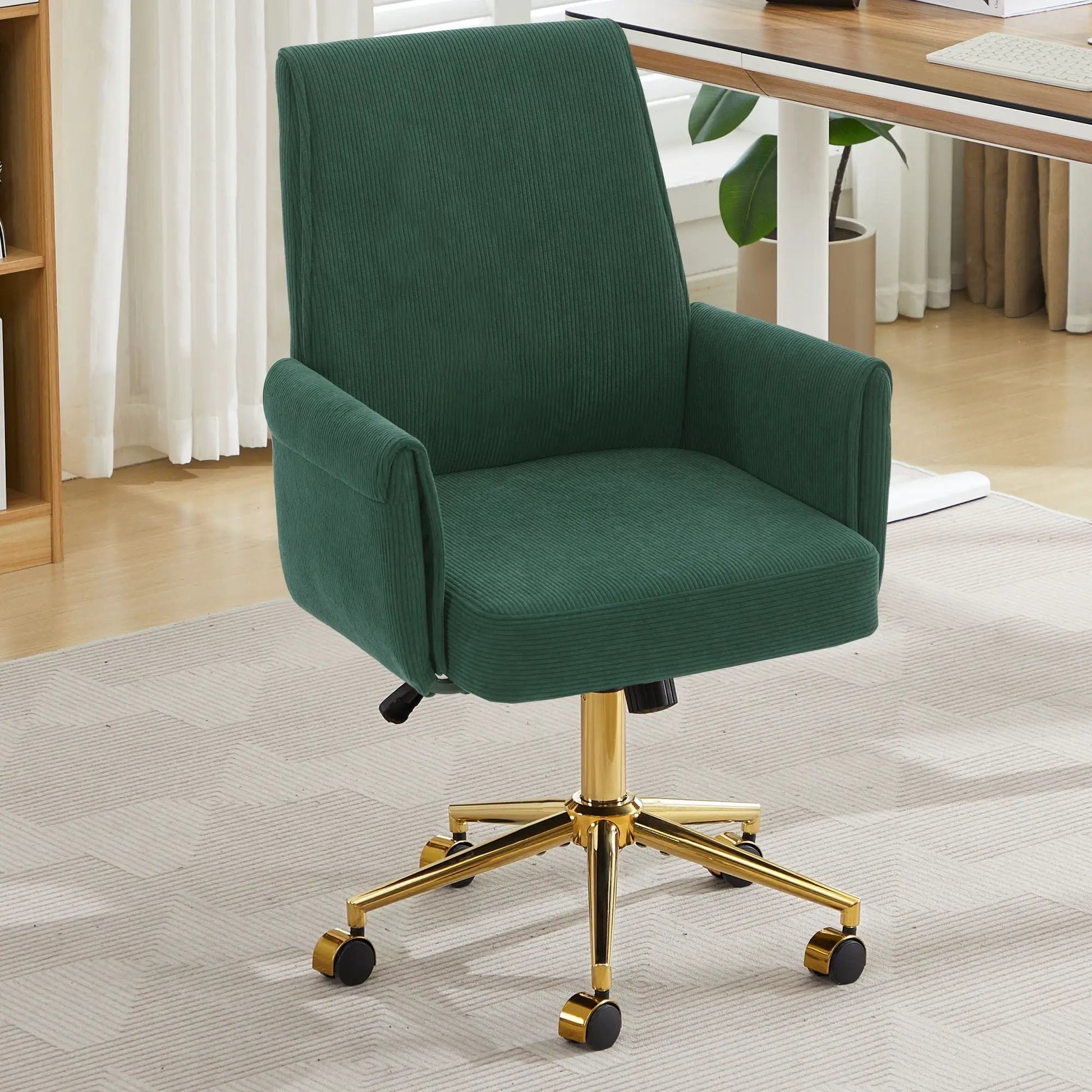 Ergonomic mid-back swivel chair in green fabric with gold base by Unique Piece Furniture on Tampa Home & Garden Store
