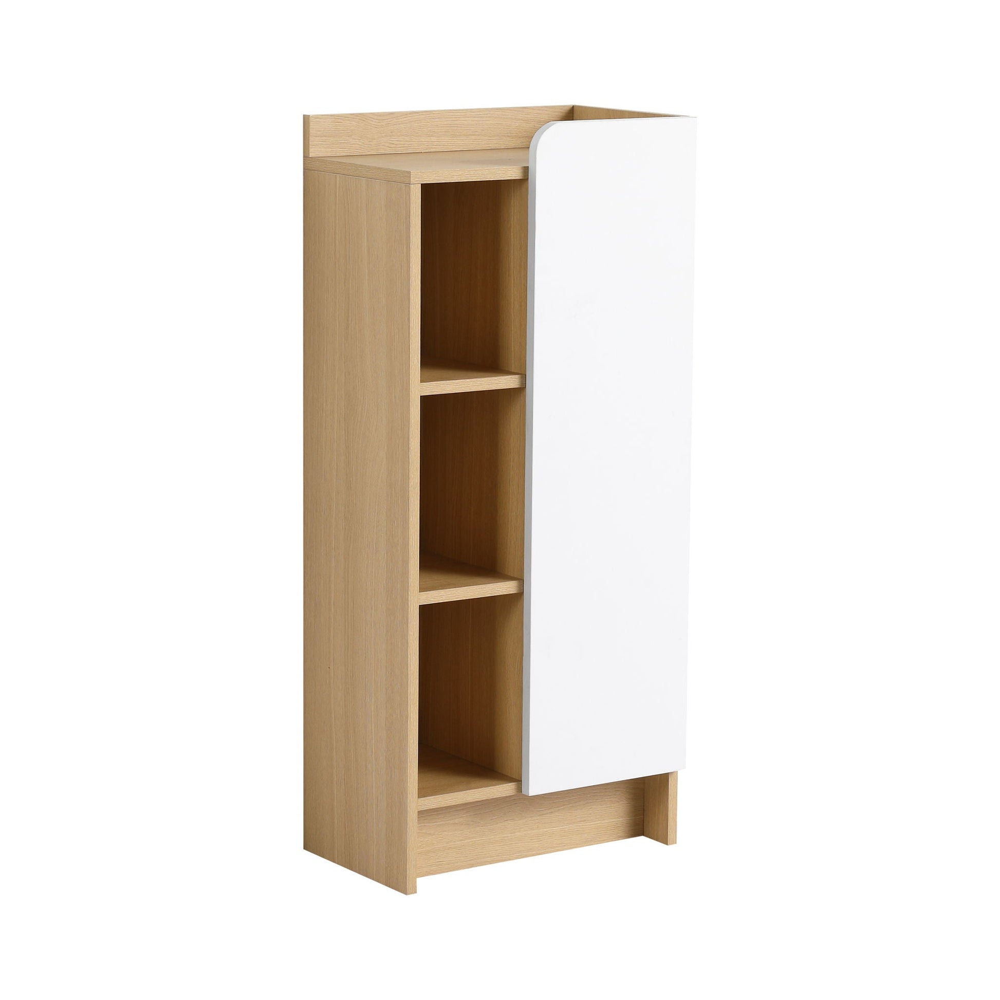 Freestanding narrow bathroom cabinet with single white door and 3-tier open shelves in oak on Tampa Home & Garden Store