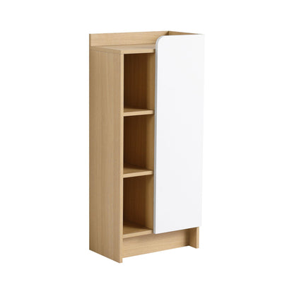 Freestanding narrow bathroom cabinet with single white door and 3-tier open shelves in oak on Tampa Home & Garden Store