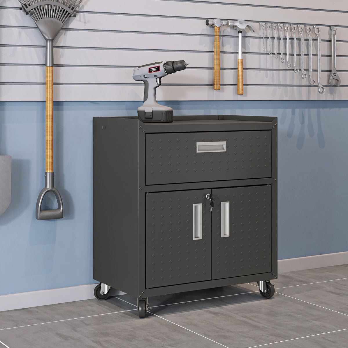 Mobile garage cabinet with locking system gray white handles on casters by HouseOfZazla on Tampa Home & Garden Store