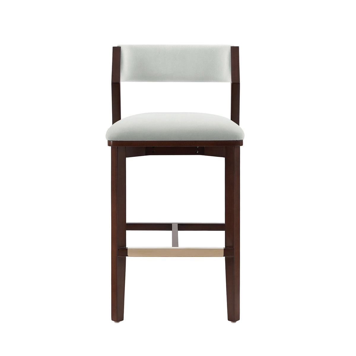 Bar Height Barstool with Backrest, pearl silver/white upholstered seat and back, dark wood frame on Tampa Home & Garden Store