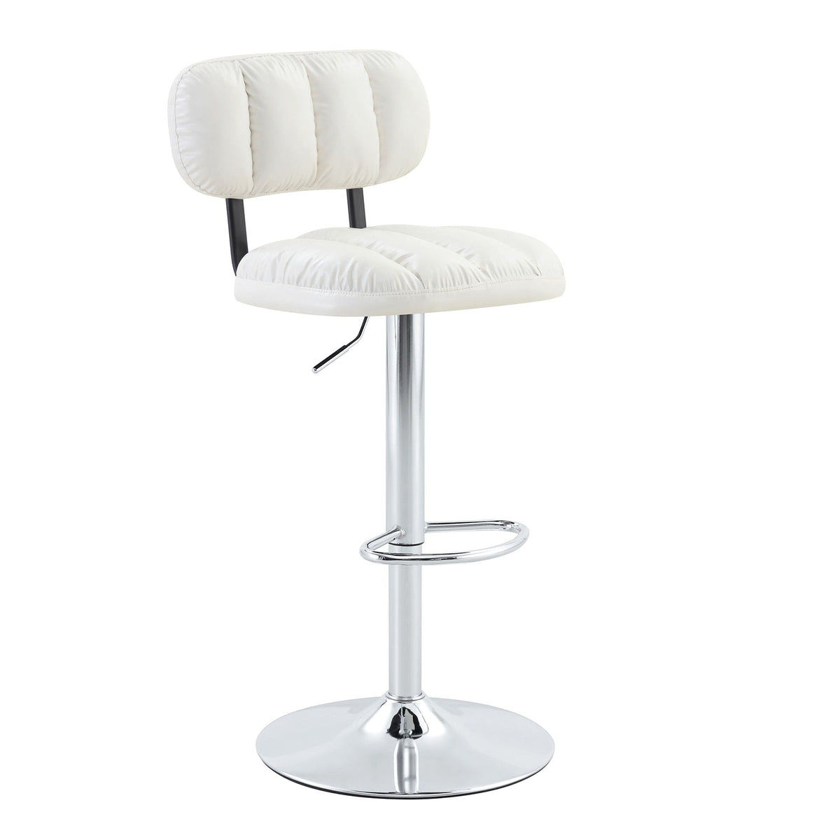 Adjustable height bar stool with footrest, white tufted seat and back, chrome pedestal base on Tampa Home & Garden Store