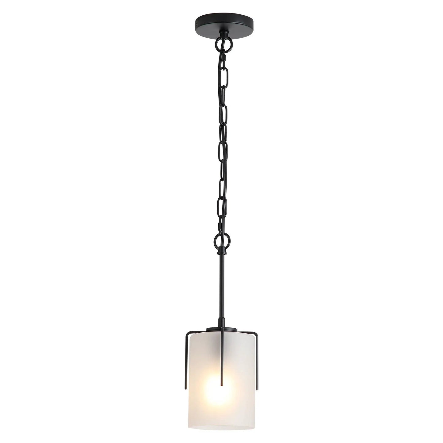 Adjustable cylindrical pendant light with white glass shade and black metal frame on chain on Tampa Home & Garden Store