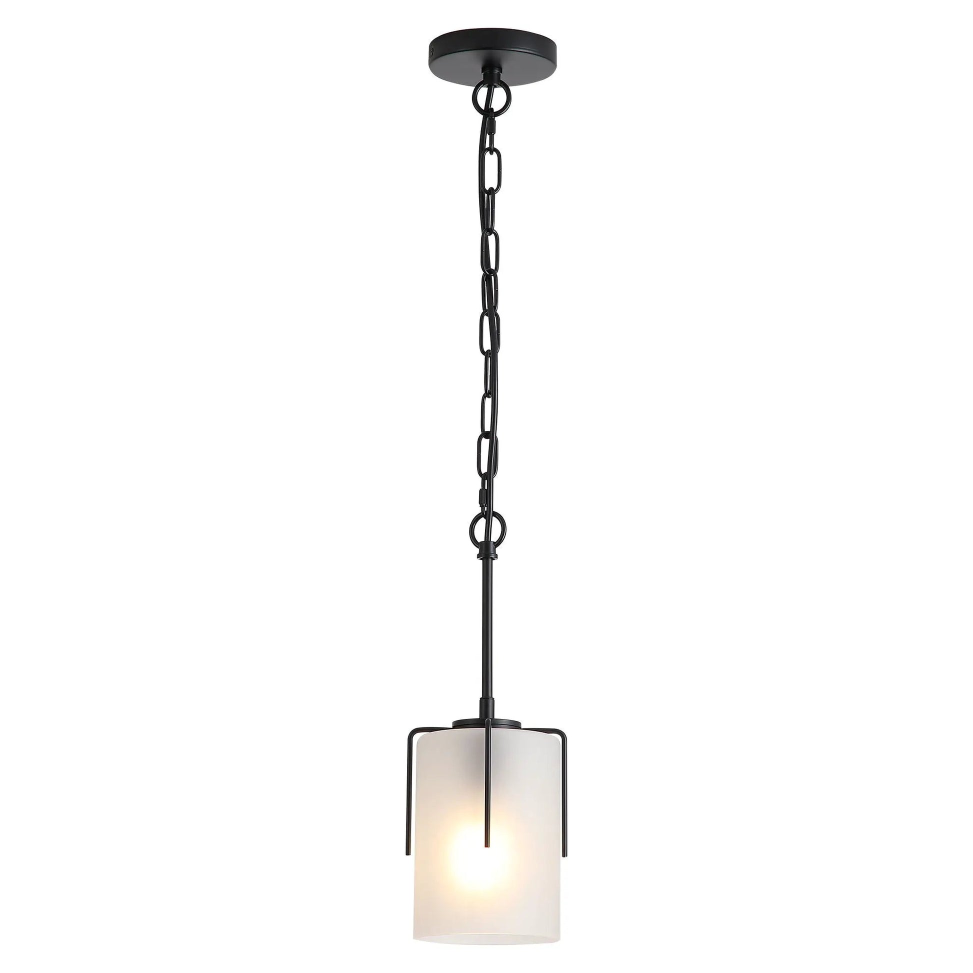 Adjustable cylindrical pendant light with white glass shade and black metal frame on chain on Tampa Home & Garden Store