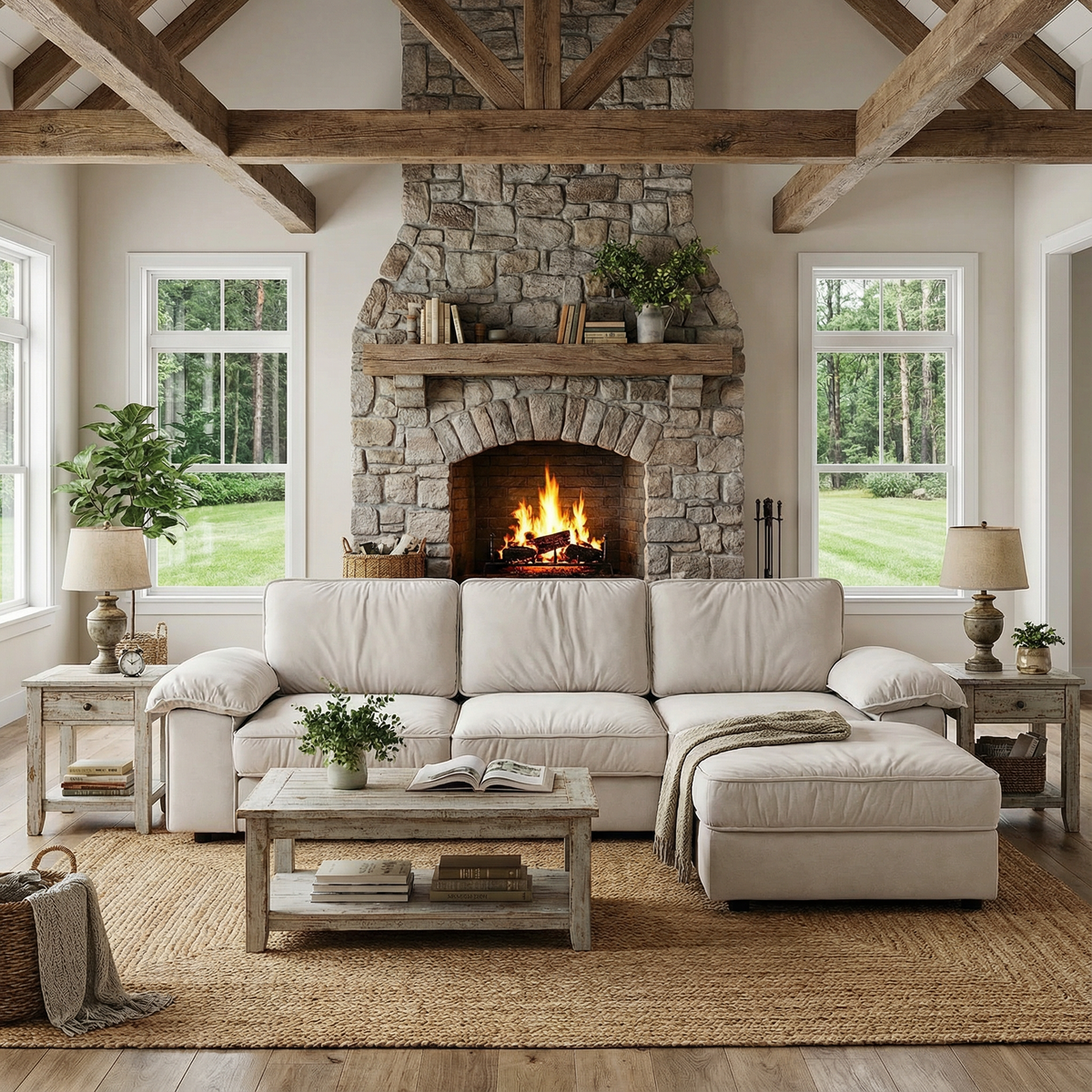 Modern L-shaped sectional sofa with ottoman in beige upholstery by HouseOfZazla on Tampa Home & Garden Store