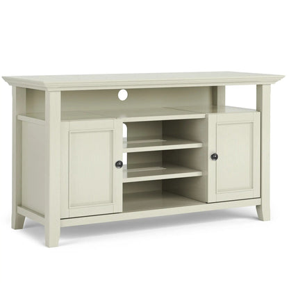 Amherst TV media stand handcrafted in pale wood with side cabinets and open shelf on Tampa Home & Garden Store