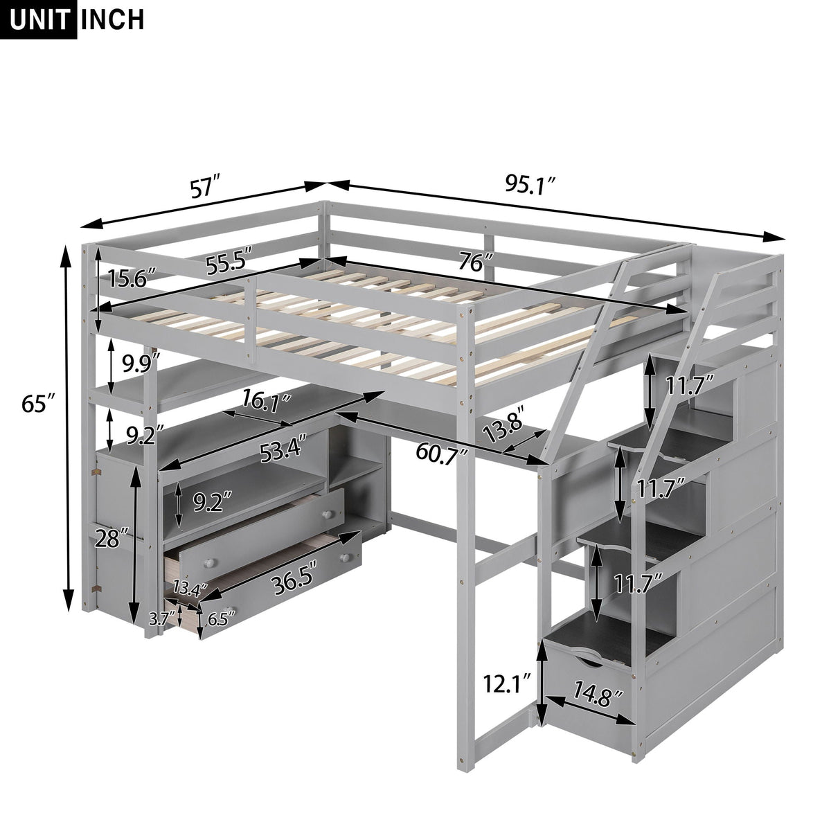 Loft bed with desk, shelves, 2 drawers and storage staircase in gray by HouseOfZazla on Tampa Home & Garden Store