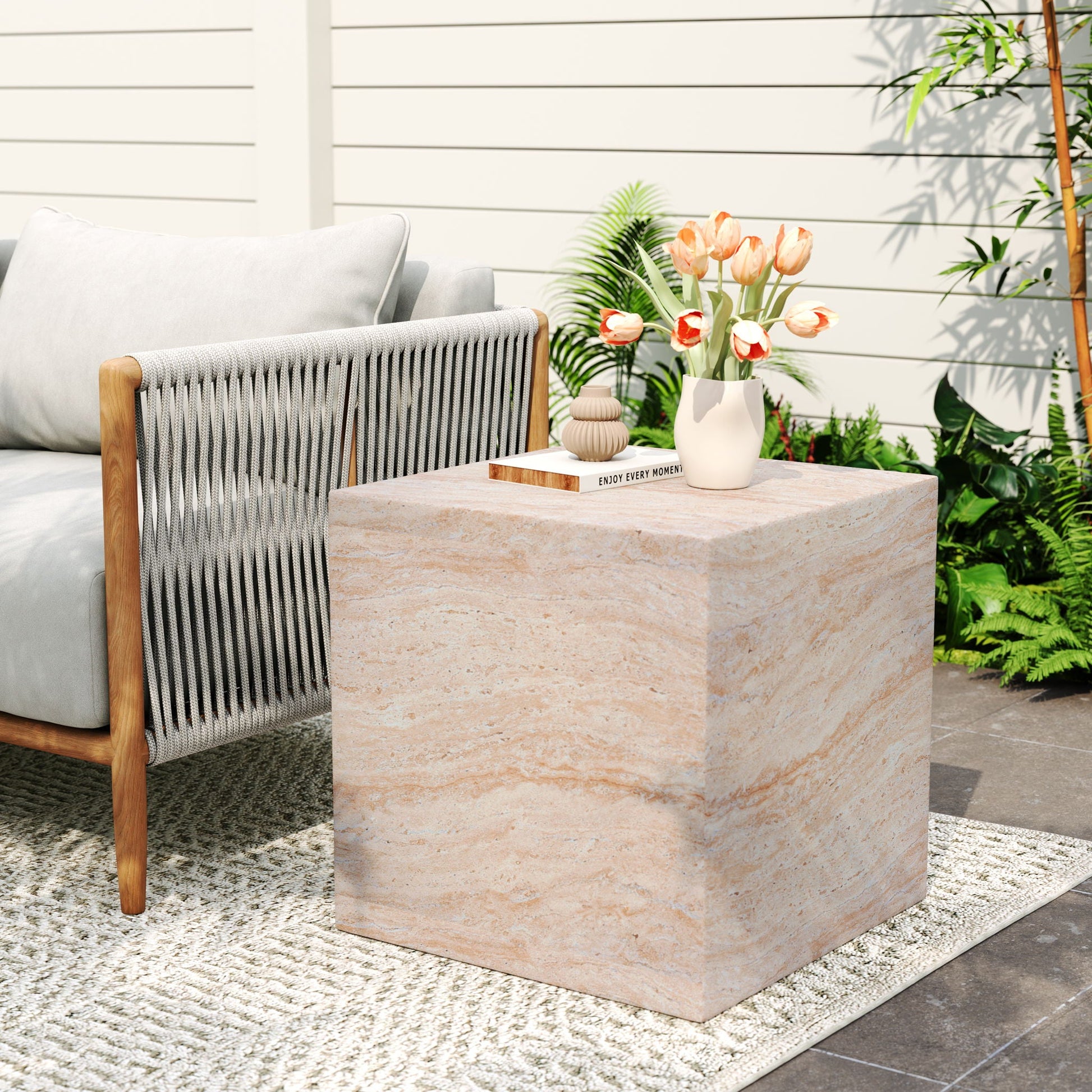 Outdoor indoor square lightweight side table with beige stone-textured top and wooden legs on Tampa Home & Garden Store
