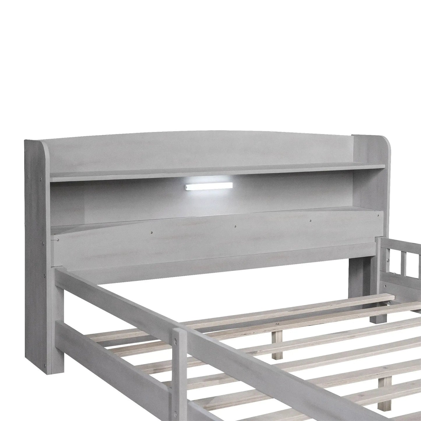 Wood Platform Bed With Led Light and Guardrail