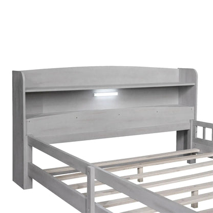 Wood Platform Bed With Led Light and Guardrail