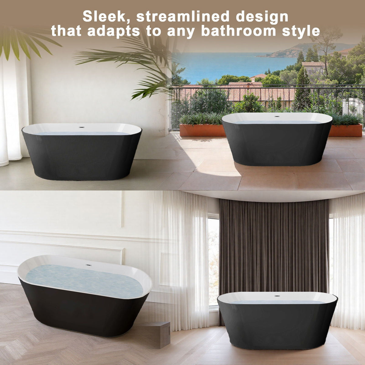 Glossy freestanding bathtubs with toe-tap drain, black exterior white interior, 4-piece set on Tampa Home & Garden Store