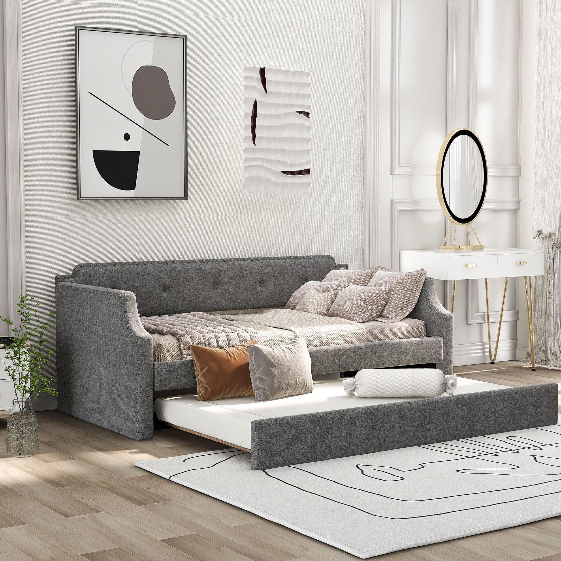 Upholstered gray daybed with pull-out trundle in tufted fabric by HouseOfZazla, daybeds on Tampa Home & Garden Store