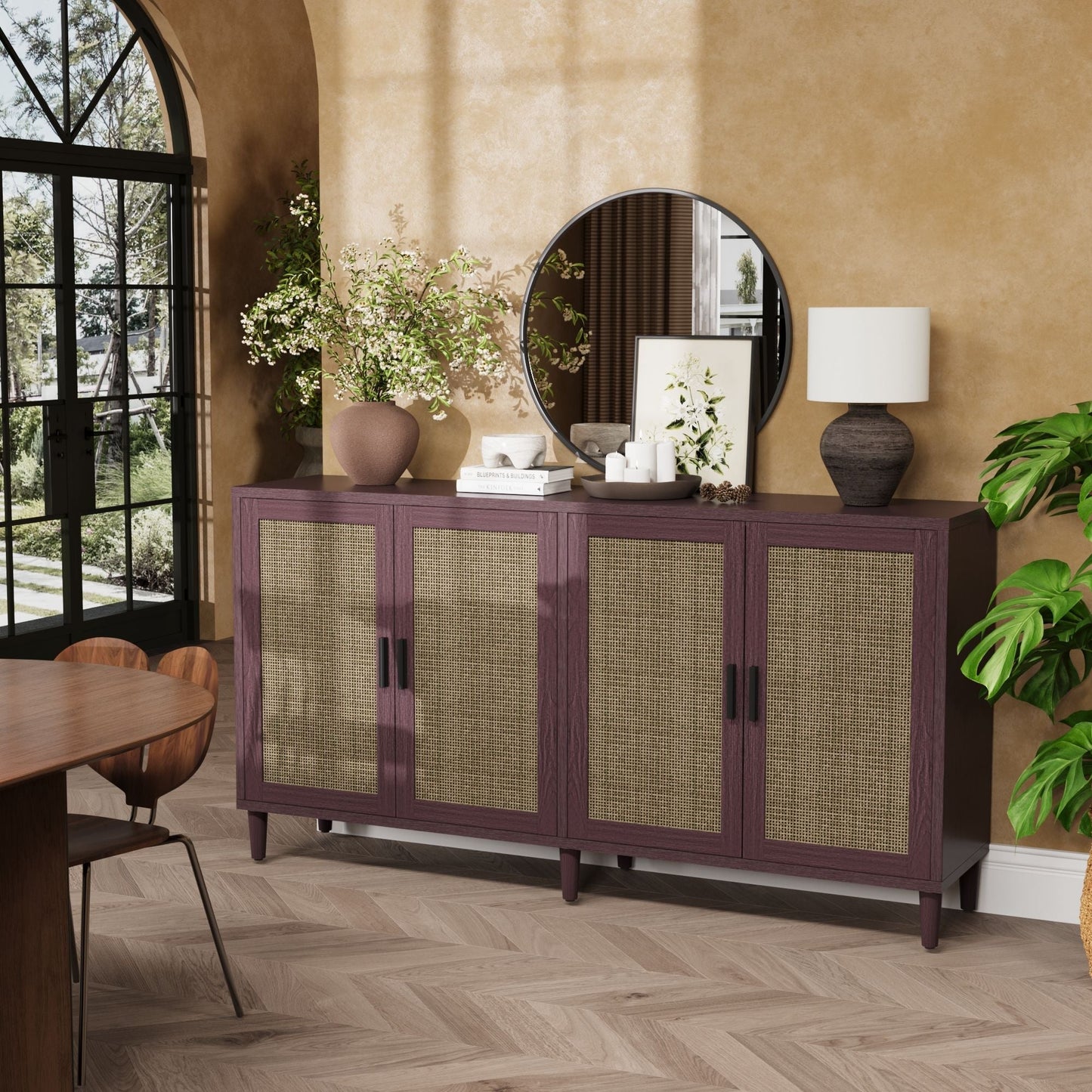 Buffet cabinet with adjustable shelves in purple wood and cane-front panels round mirror on Tampa Home & Garden Store