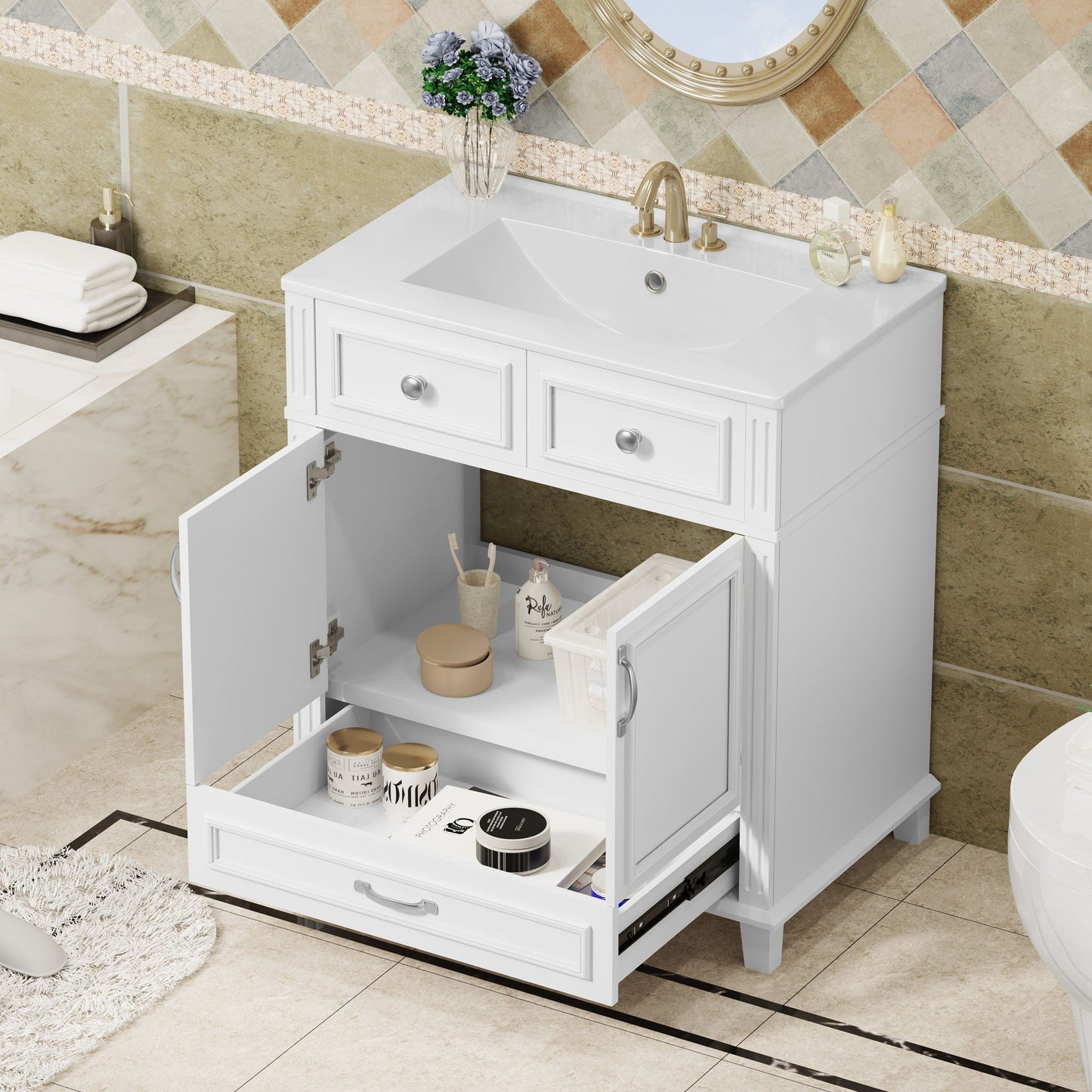 Coastal Bathroom Vanity and Ceramic Sink