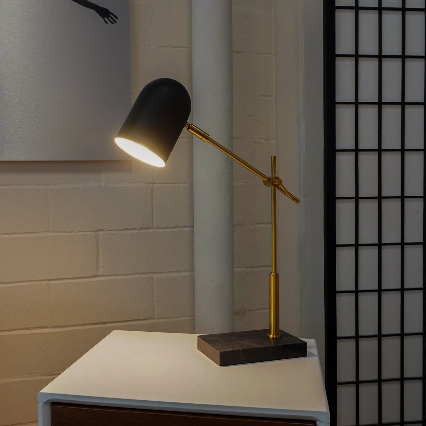 Lumora table lamp black shade with brass arm on white desk by HouseOfZazla on Tampa Home & Garden Store