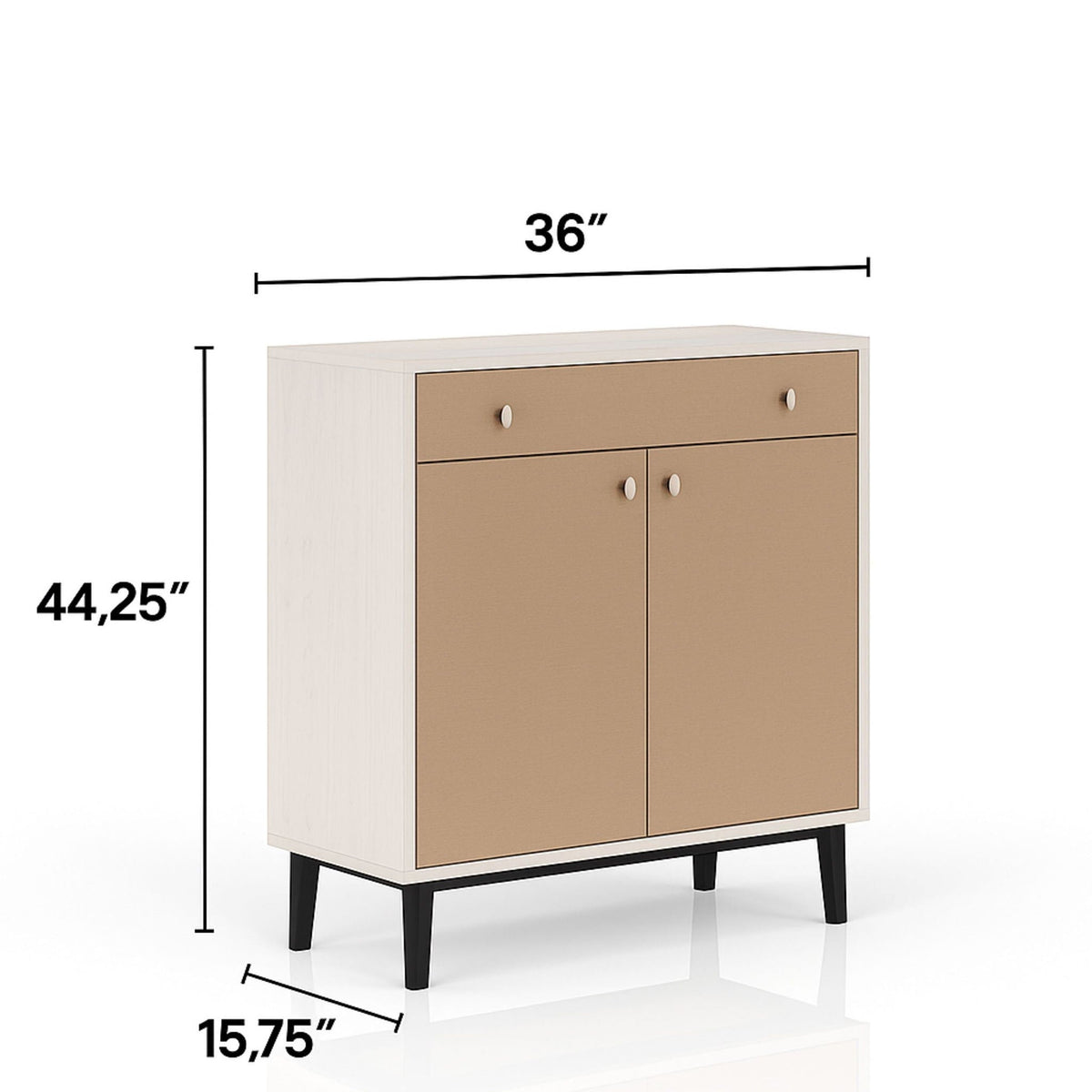 Bar cabinet white & pecan with 2 drawers and 2 doors, soft-close, black legs on Tampa Home & Garden Store
