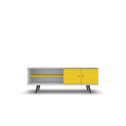 Liberty TV stand with splayed wood legs, white body and yellow doors plus open yellow shelf on Tampa Home & Garden Store