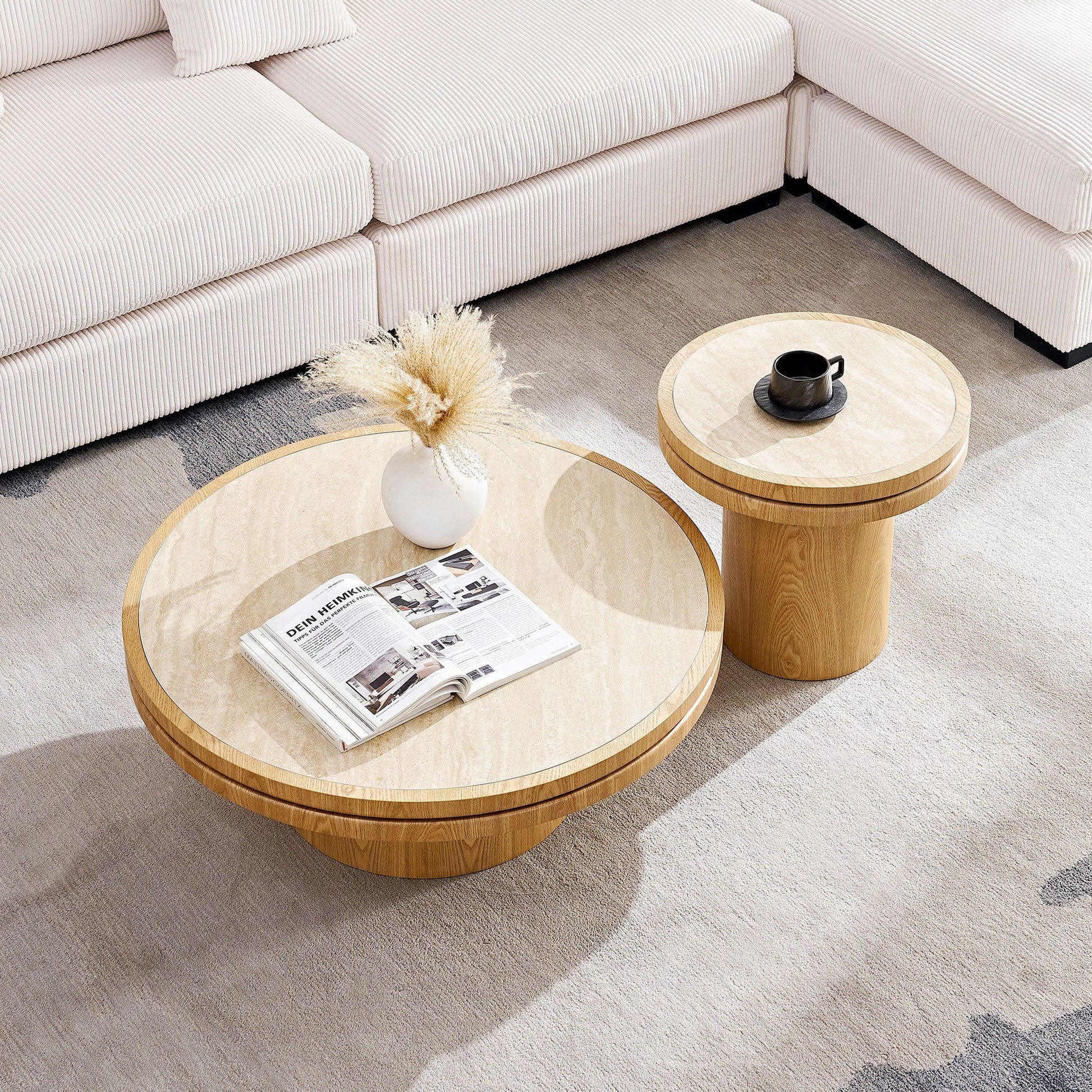 Two 35.43in round coffee tables with sintered stone tops in light wood by HouseOfZazla on Tampa Home & Garden Store