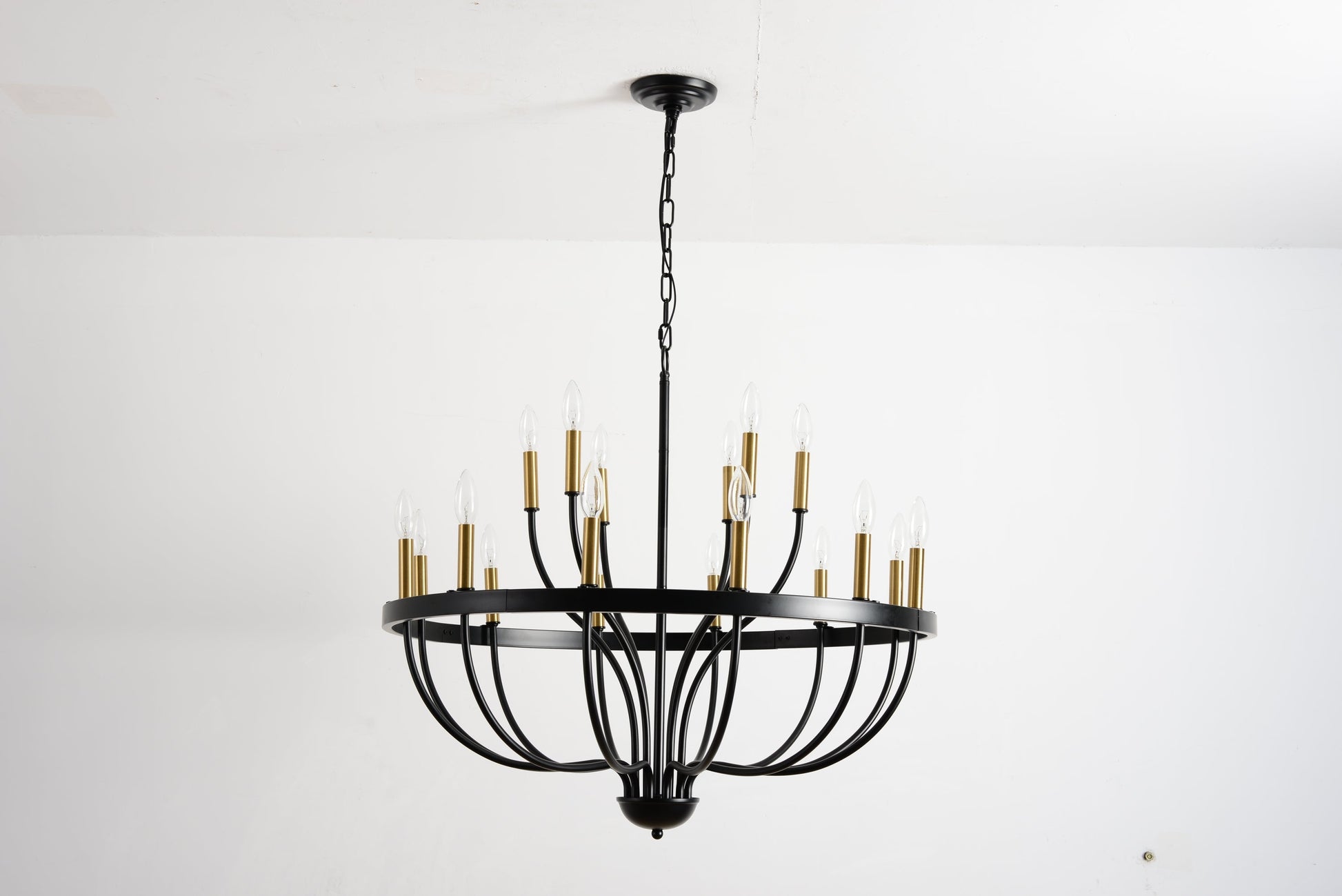 Chandelier 15-Light Industrial Iron with black frame and gold candle arms hanging from a chain on Tampa Home & Garden Store