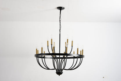 Chandelier 15-Light Industrial Iron with black frame and gold candle arms hanging from a chain on Tampa Home & Garden Store