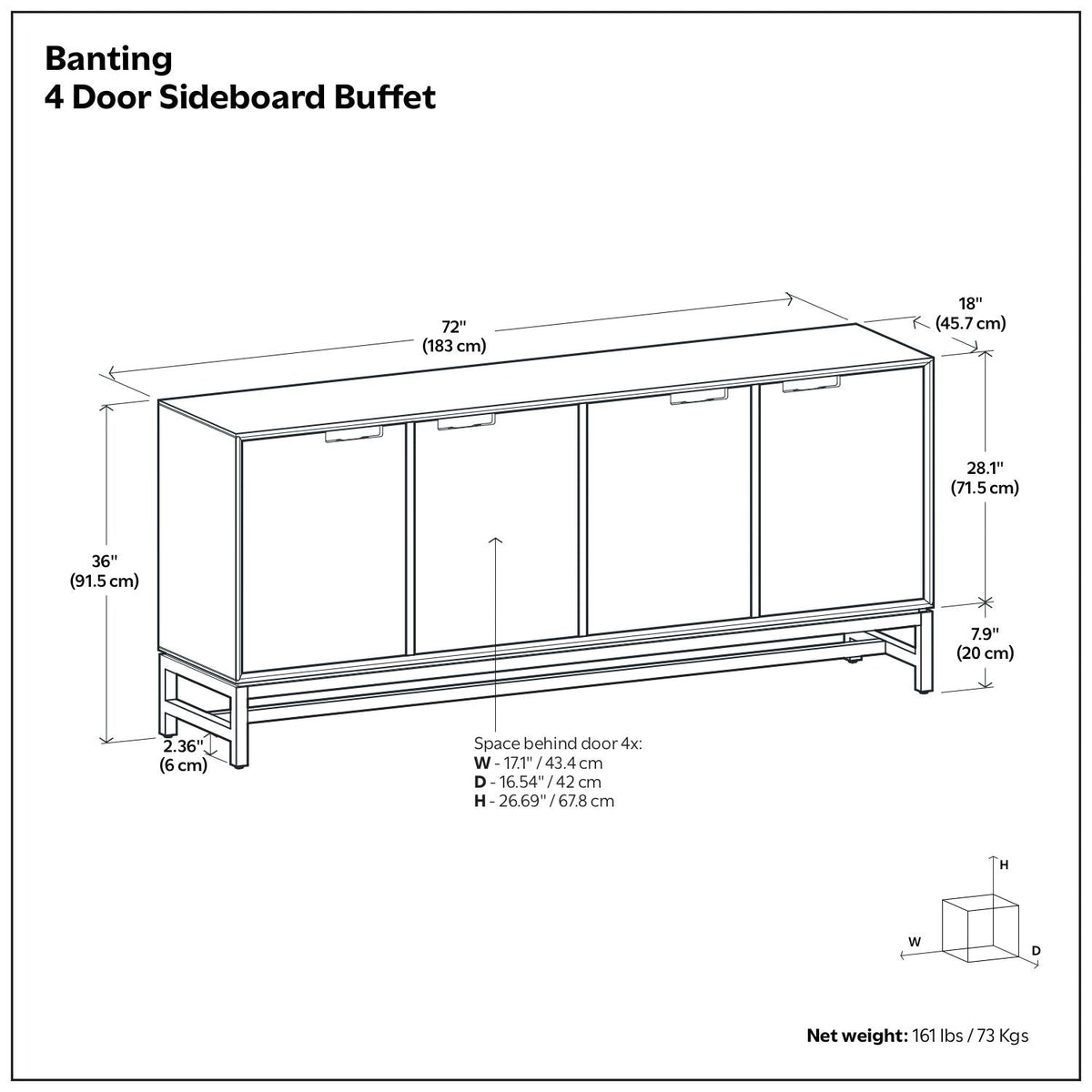 Banting 4-Door Sideboard Buffet solid rubberwood and metal frame on Tampa Home & Garden Store