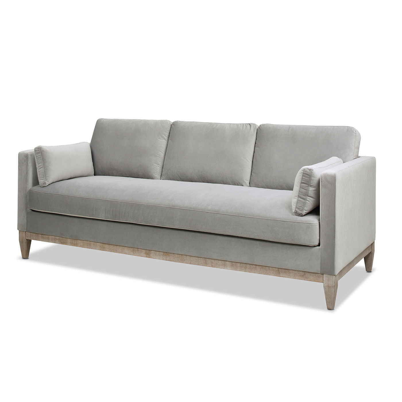 Knox Modern Farmhouse Sofa by HouseOfZazla, light gray linen fabric with wooden legs on Tampa Home & Garden Store