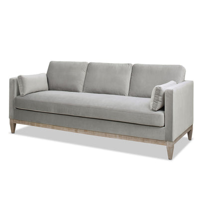 Knox Modern Farmhouse Sofa by HouseOfZazla, light gray linen fabric with wooden legs on Tampa Home & Garden Store