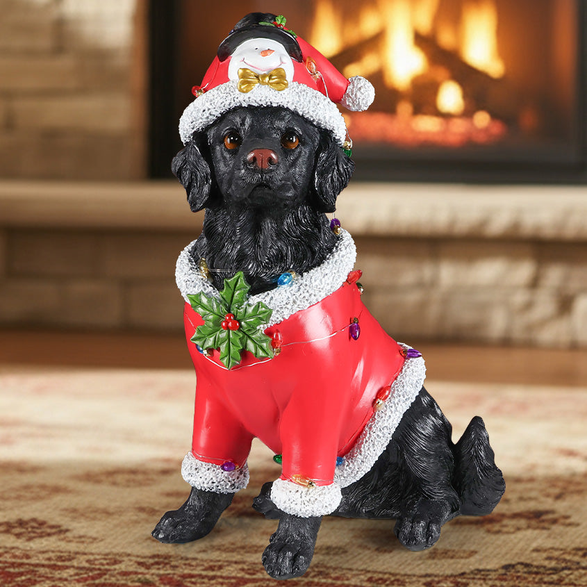 Christmas dog statue by HouseOfZazla in a red Santa suit with white fur trim holly and lights on Tampa Home & Garden Store