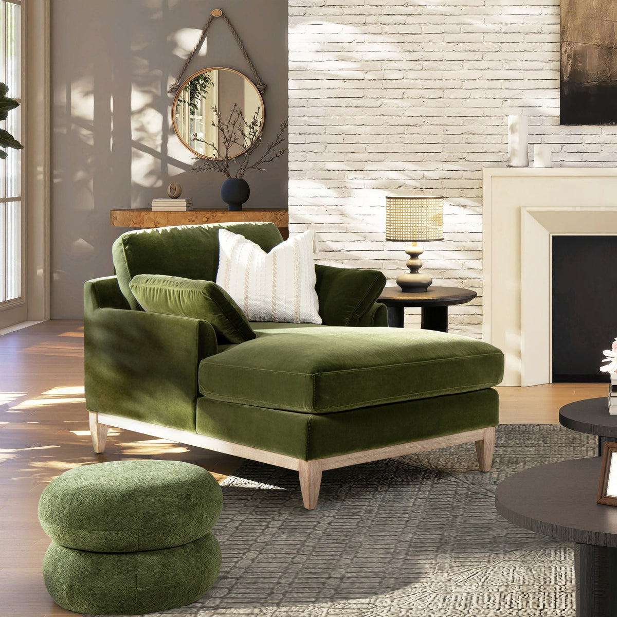 Olive green modern farmhouse chaise lounge chair by HouseOfZazla with rubberwood base on Tampa Home & Garden Store