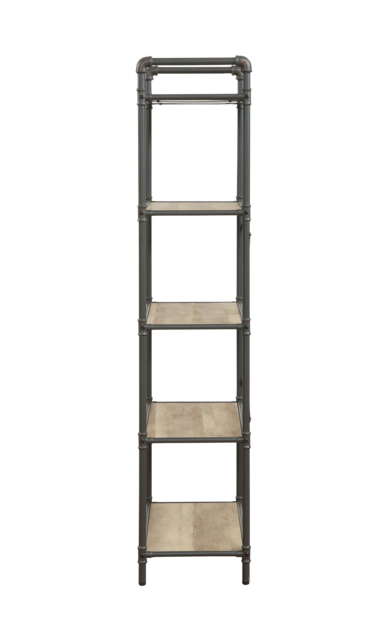 Itzel Bookshelf etagere with antique oak shelves and dark gray pipe frame, 5-tier display on Tampa Home & Garden Store