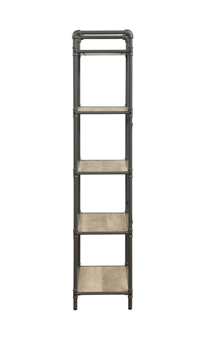 Itzel Bookshelf etagere with antique oak shelves and dark gray pipe frame, 5-tier display on Tampa Home & Garden Store