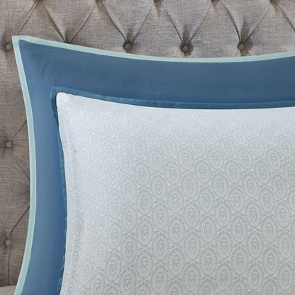 HouseOfZazla 8pc cotton floral reversible blue comforter set with light blue piping on Tampa Home & Garden Store