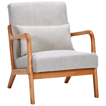 Accent arm chair with pillow, light gray ribbed upholstery and natural wood arm frame on Tampa Home & Garden Store