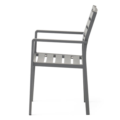 Outdoor Modern Aluminum Dining Chair set of 2, gun metal gray with slatted seat and back on Tampa Home & Garden Store