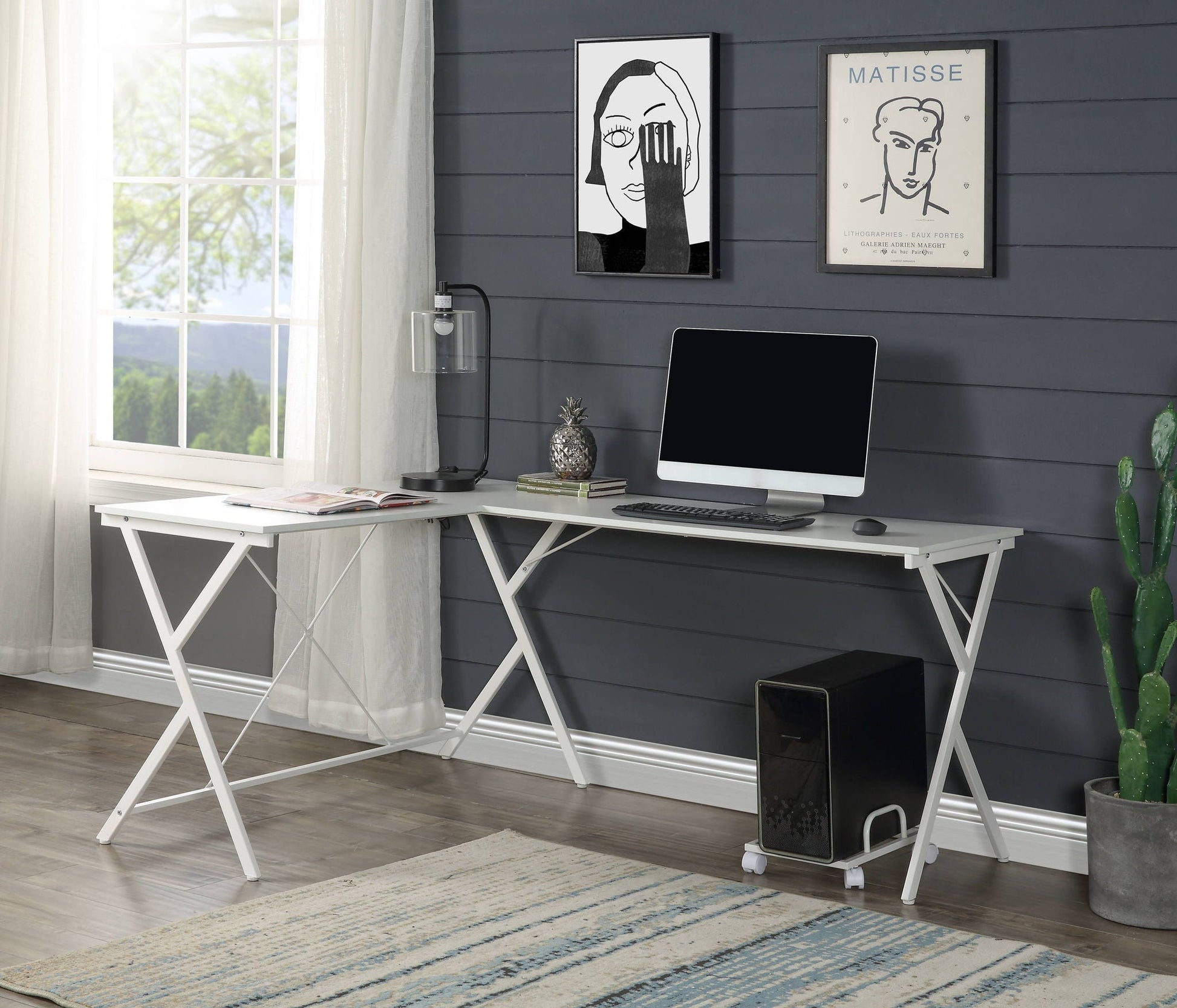 Dazenus Computer Desk white corner desk with X-legs and computer monitor and PC tower on desk on Tampa Home & Garden Store