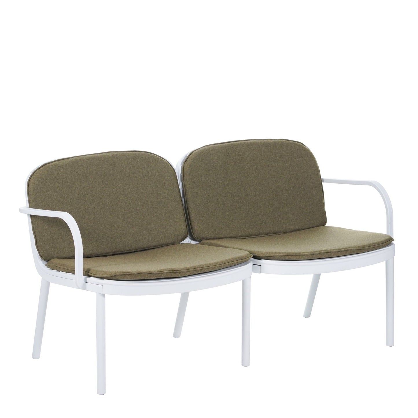 Luna Outdoor Patio Loveseat by HouseOfZazla with olive-brown cushions and white metal frame on Tampa Home & Garden Store