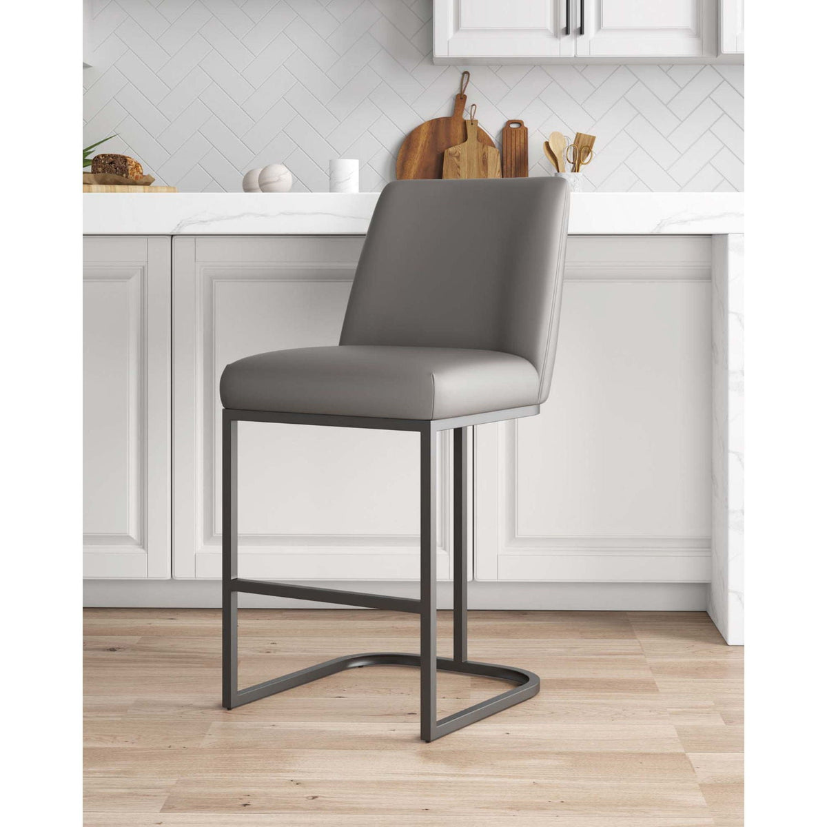 Serena Counter Stool by HouseOfZazla, grey upholstered seat with metal cantilever base, 24–27 in on Tampa Home & Garden Store