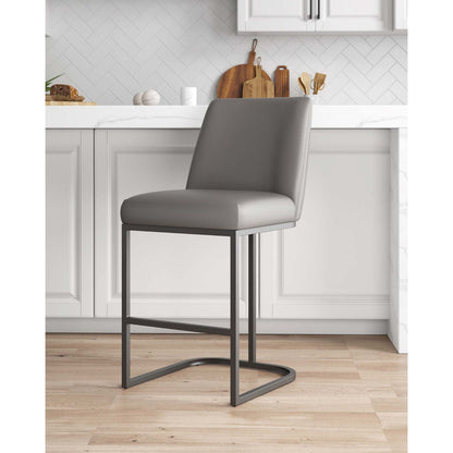 Serena Counter Stool by HouseOfZazla, grey upholstered seat with metal cantilever base, 24–27 in on Tampa Home & Garden Store