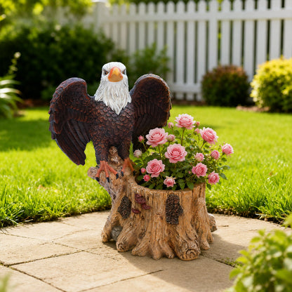 Majestic Eagle garden planter statue with spread wings brown body white head pink roses on Tampa Home & Garden Store