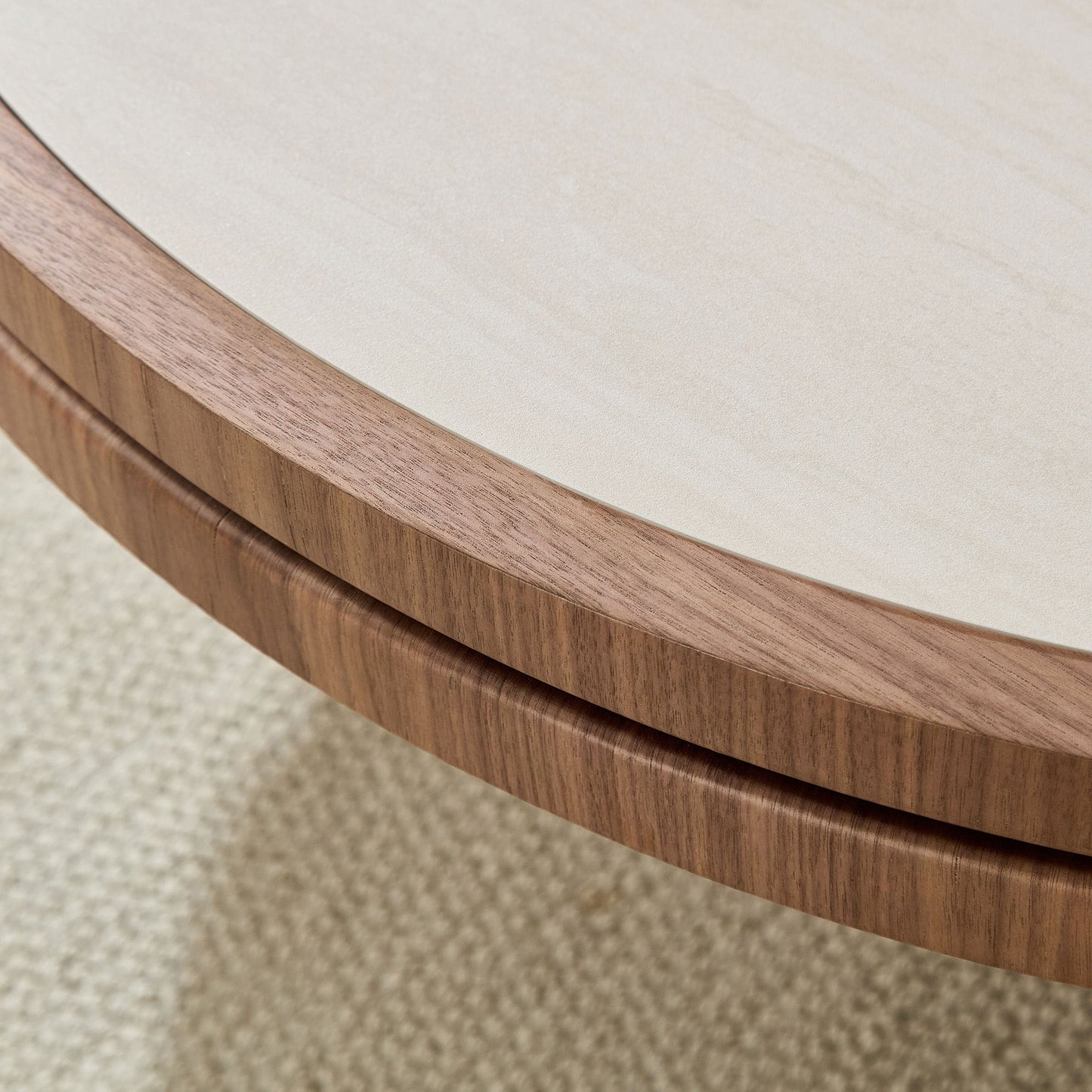 Coffee table 35.43 in with sintered stone walnut top; beige stone surface on warm walnut frame on Tampa Home & Garden Store