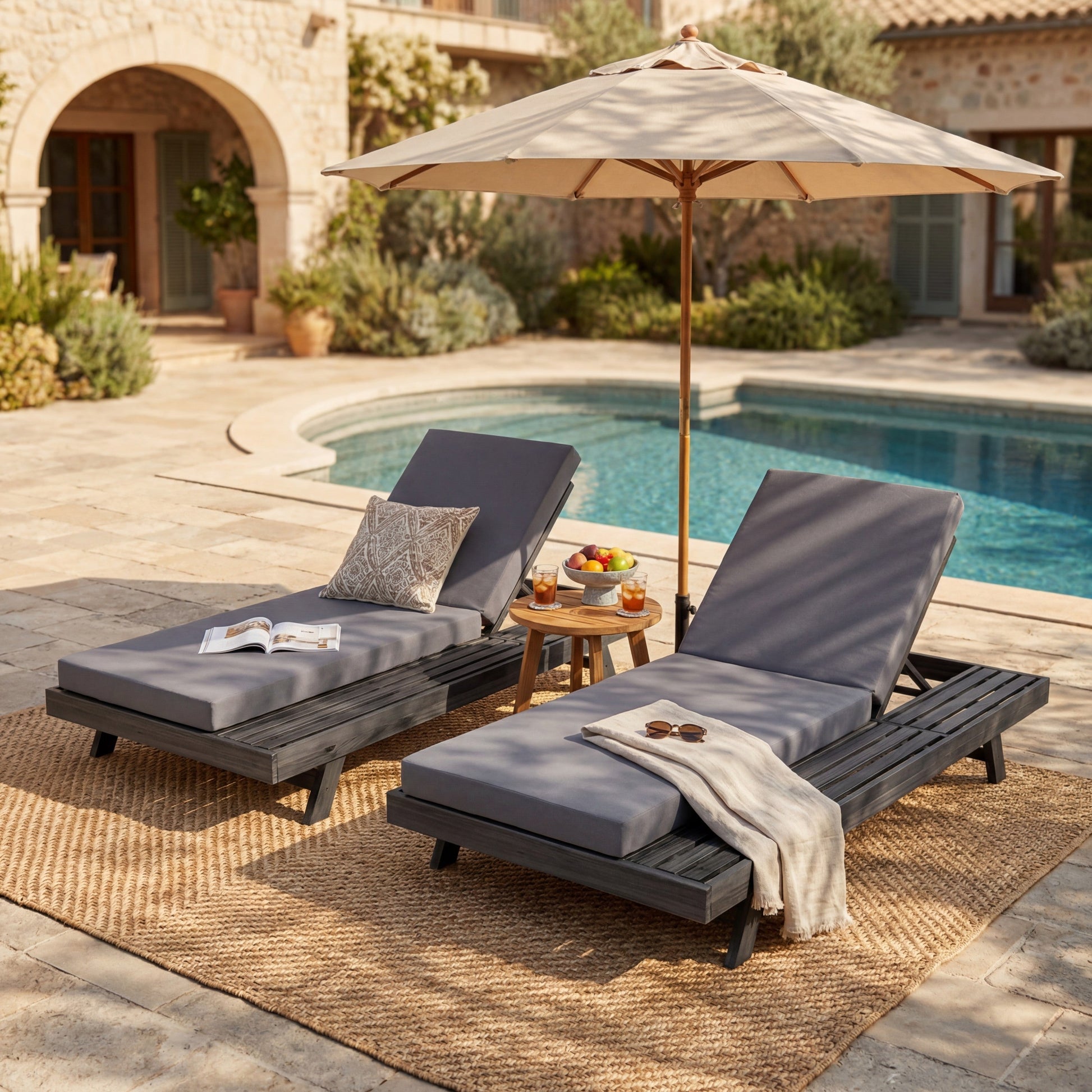 Outdoor chaise lounge set in black acacia with water-resistant cushions 2pc by HouseOfZazla on Tampa Home & Garden Store
